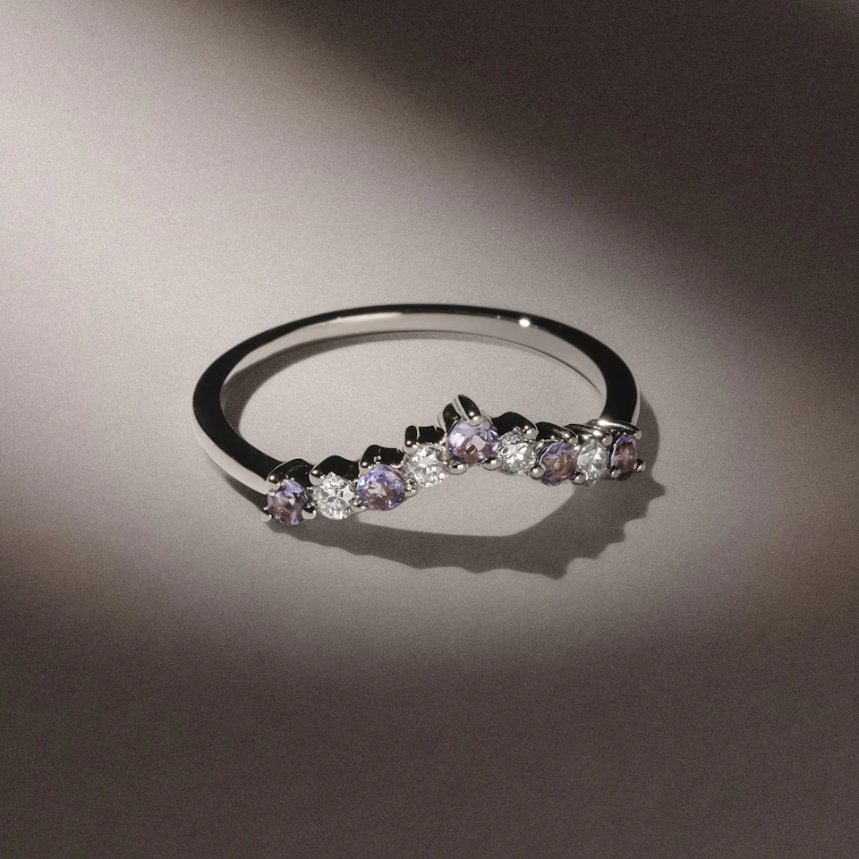 Starlit Tanzanite and Lab Diamond Wishbone Ring in 9K White Gold