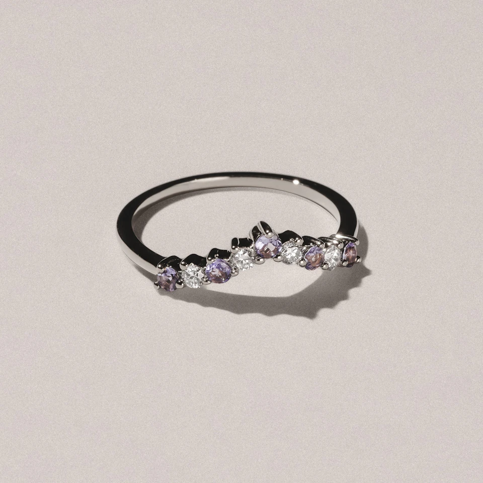 Starlit Tanzanite and Lab Diamond Wishbone Ring in 9K White Gold