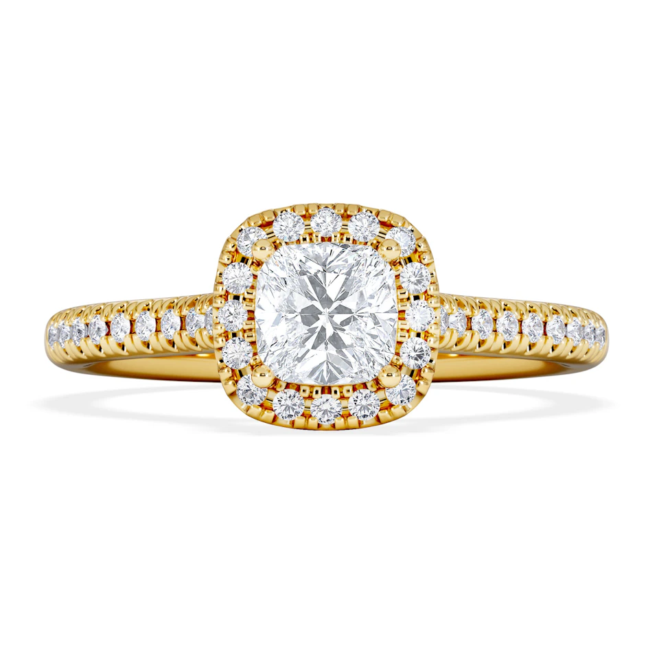 Lumia Cushion Cut Lab Diamond Halo Ring 0.70ct F/VS in 9K Gold