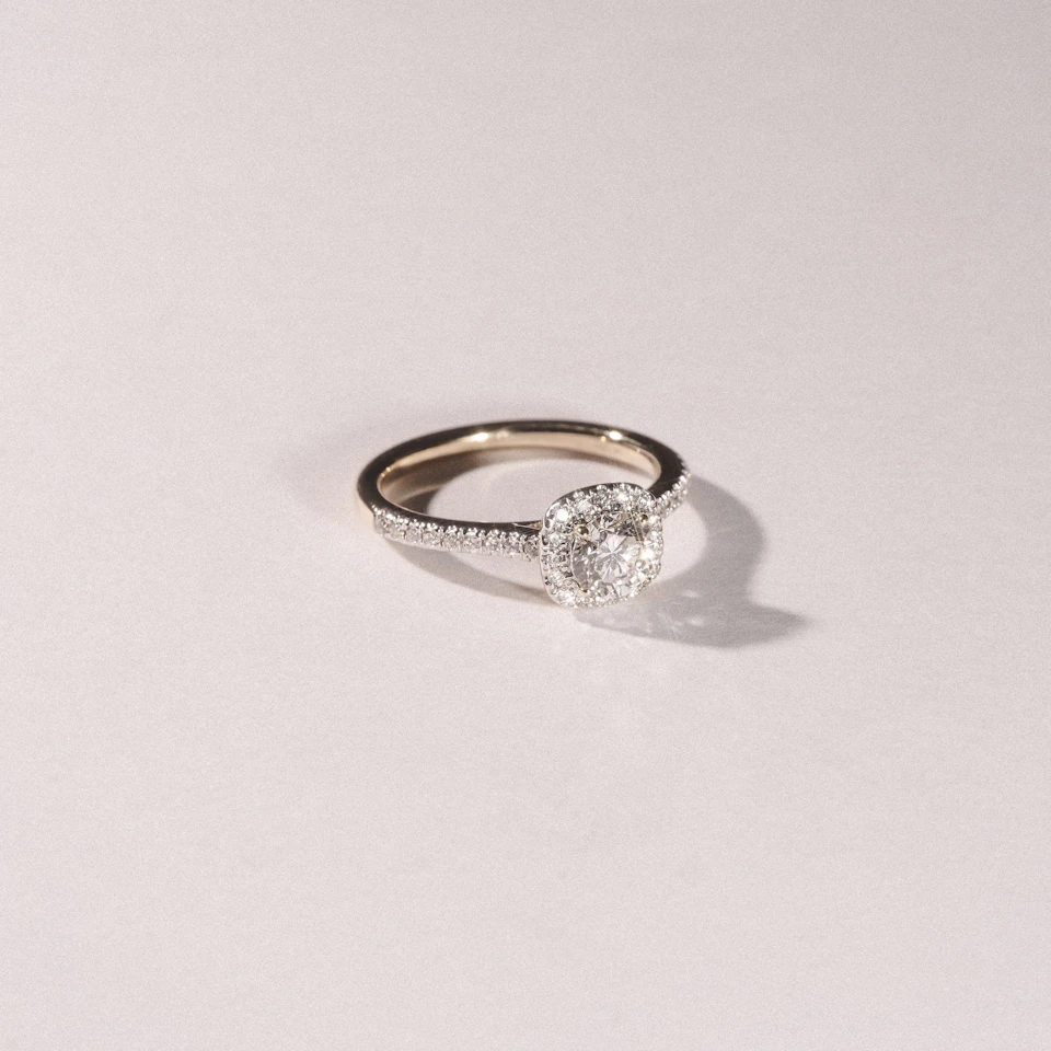 Lumia Cushion Cut Lab Diamond Halo Ring 0.70ct F/VS in 9K Gold