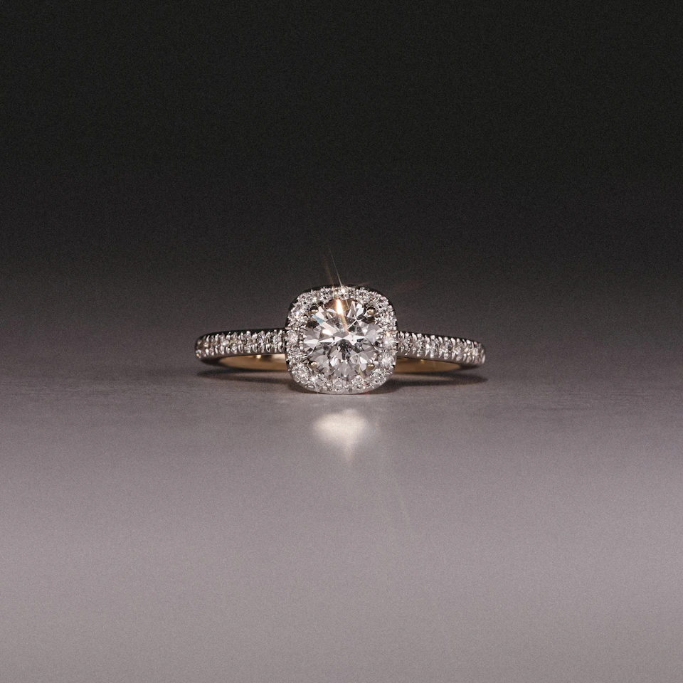 Lumia Cushion Cut Lab Diamond Halo Ring 0.70ct F/VS in 9K Gold