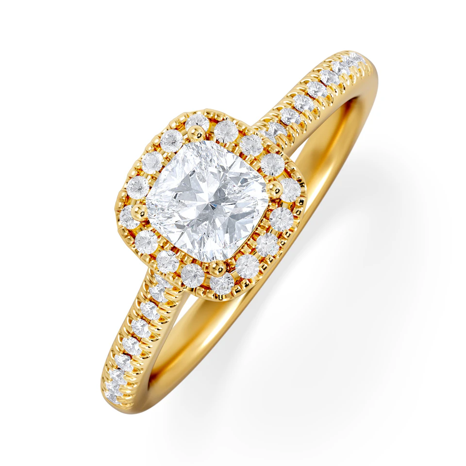 Lumia Cushion Cut Lab Diamond Halo Ring 0.70ct F/VS in 9K Gold