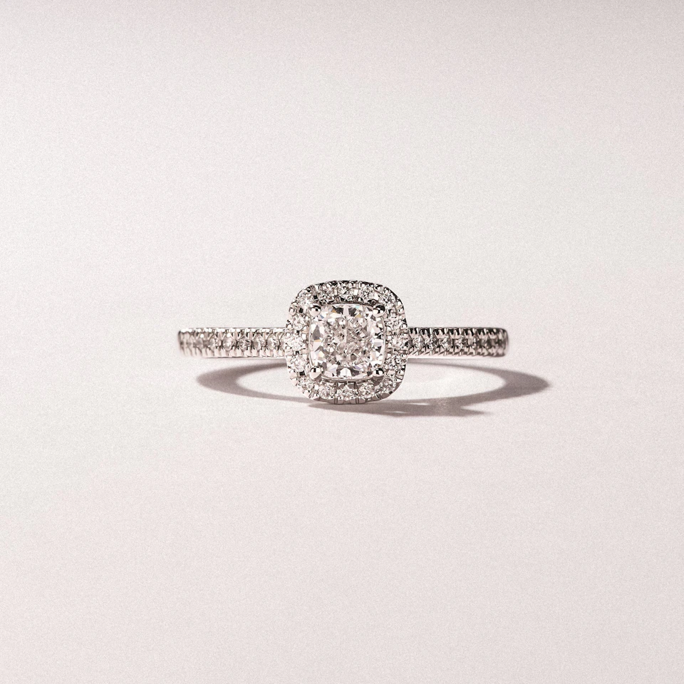 Lumia Cushion Cut Lab Diamond Halo Ring 0.70ct F/VS in 9K White Gold