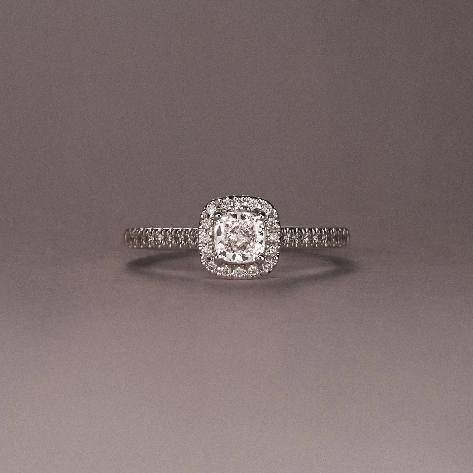 Lumia Cushion Cut Lab Diamond Halo Ring 0.70ct F/VS in 9K White Gold