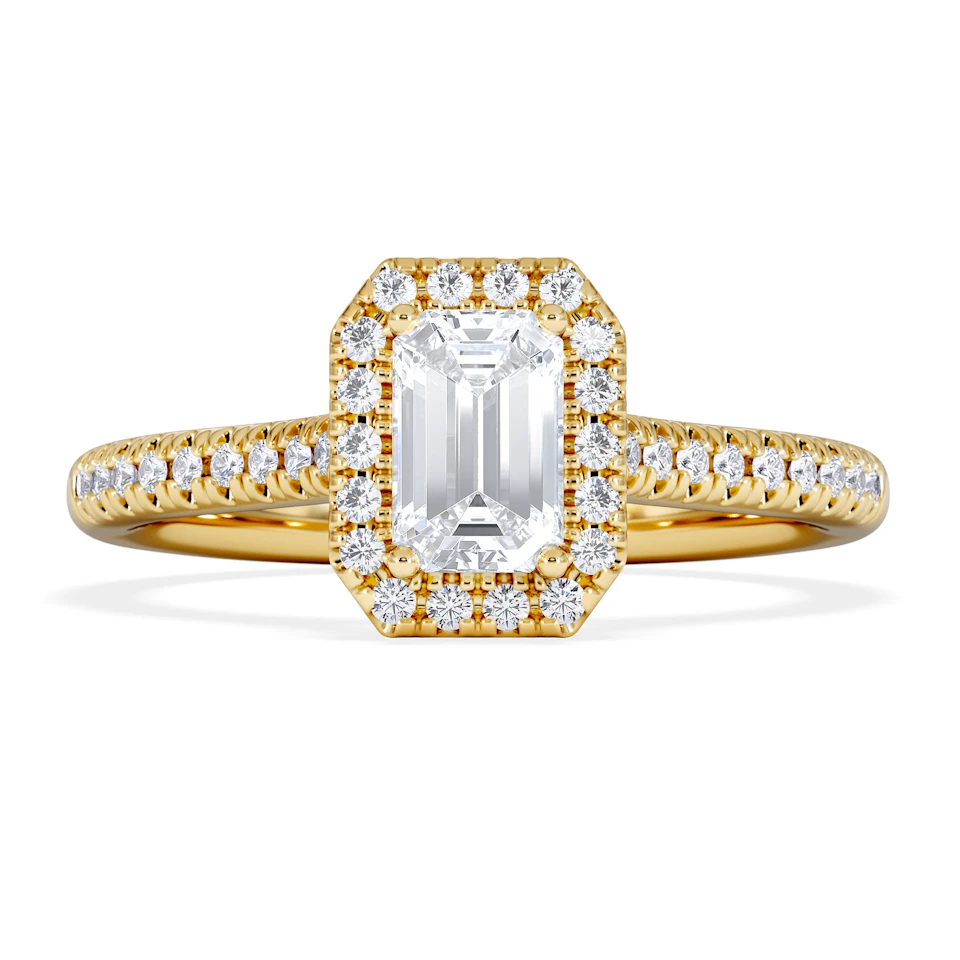Lumia Cut Emerald Cut Lab Diamond Halo Ring 0.70ct F/VS in 9K Gold