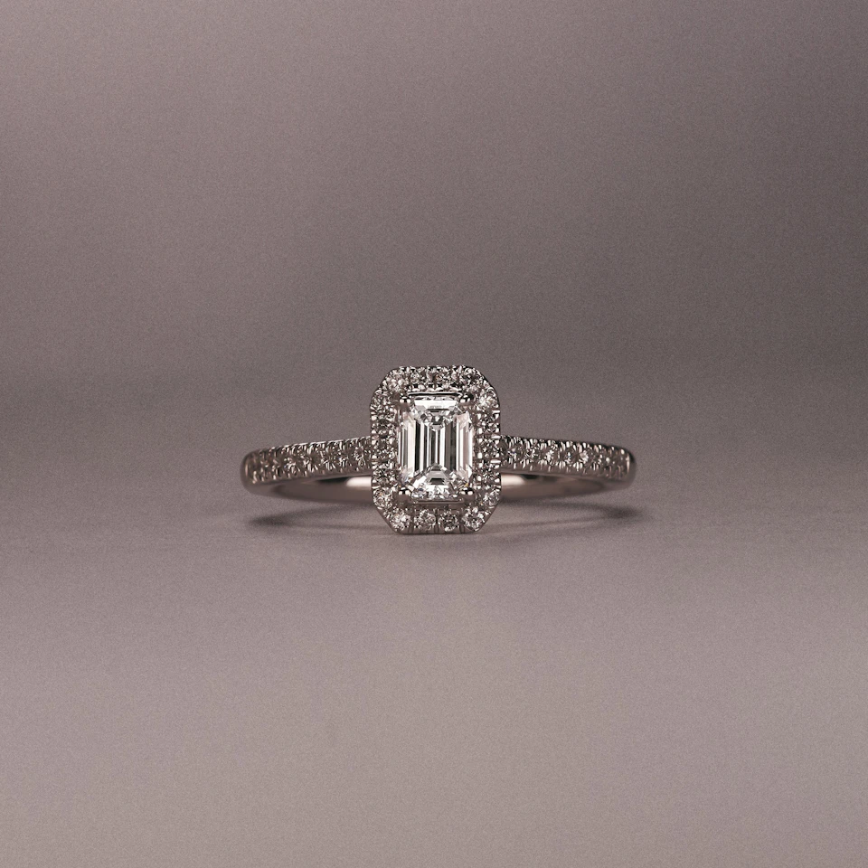 Lumia Cut Emerald Cut Lab Diamond Halo Ring 0.70ct F/VS in 9K Gold