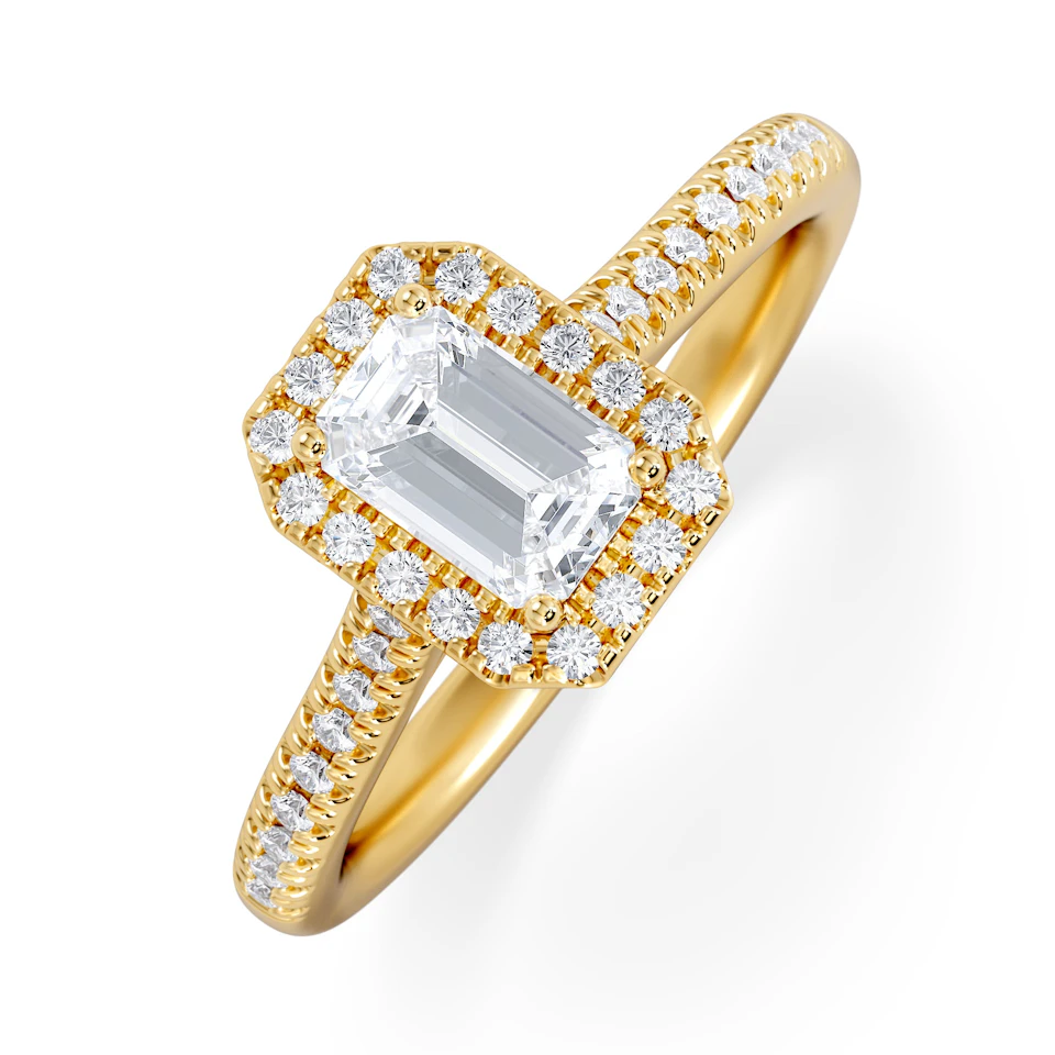 Lumia Cut Emerald Cut Lab Diamond Halo Ring 0.70ct F/VS in 9K Gold