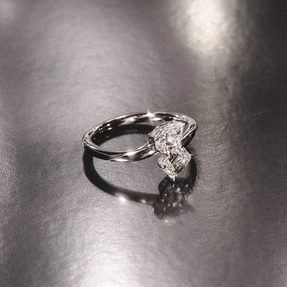 Toi et Moi Emerald and Pear Cut Lab Diamond Ring 0.50ct F/VS in 925 Silver
