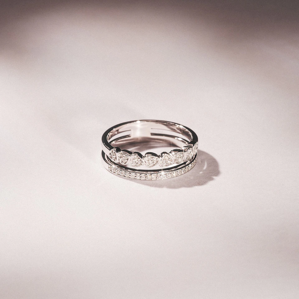 Double Heart Band Stacking Ring Lab Diamond 0.20ct in 925 Silver