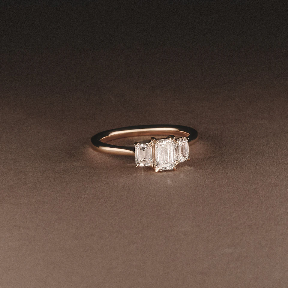 Evoke 1.00ct Emerald Cut Lab Diamond 3 Stone Ring in 9K Yellow Gold