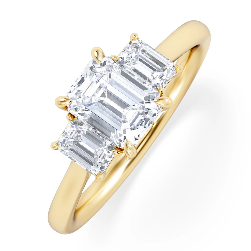 Evoke 1.00ct Emerald Cut Lab Diamond 3 Stone Ring in 9K Yellow Gold