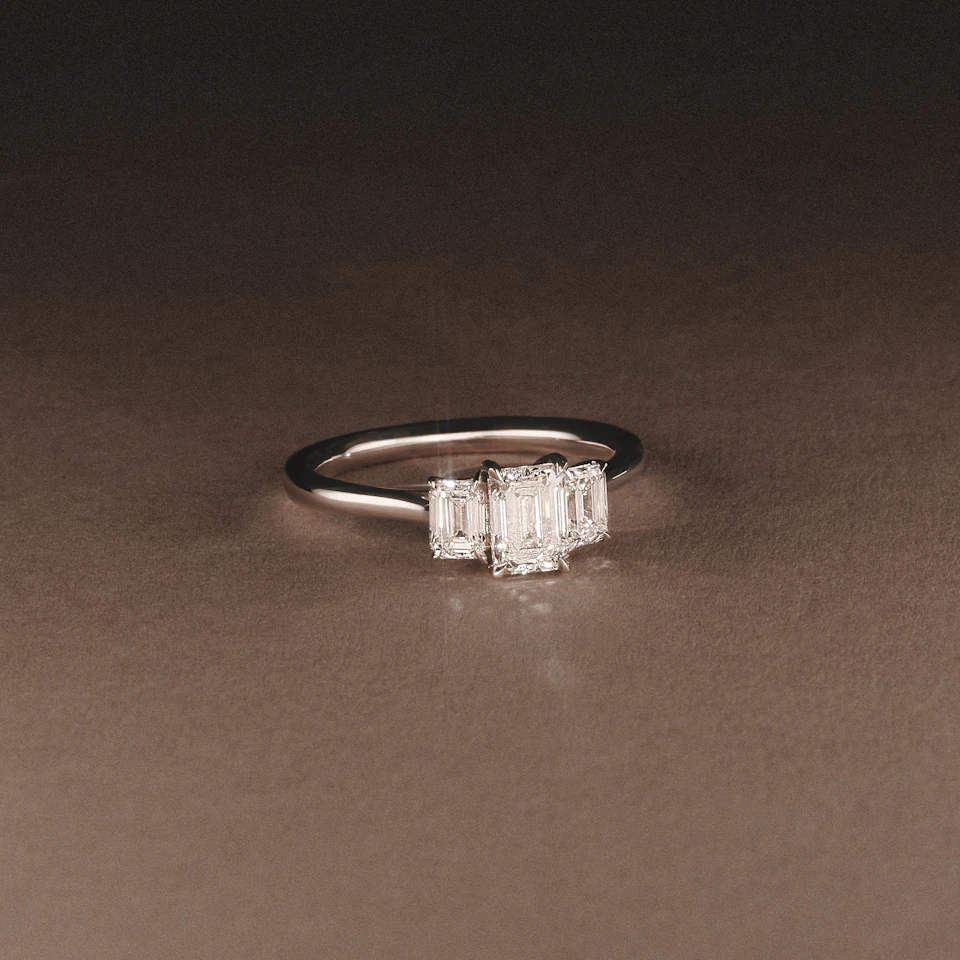 Evoke 1.00ct Emerald Cut Lab Diamond 3 Stone Ring in 9K White Gold