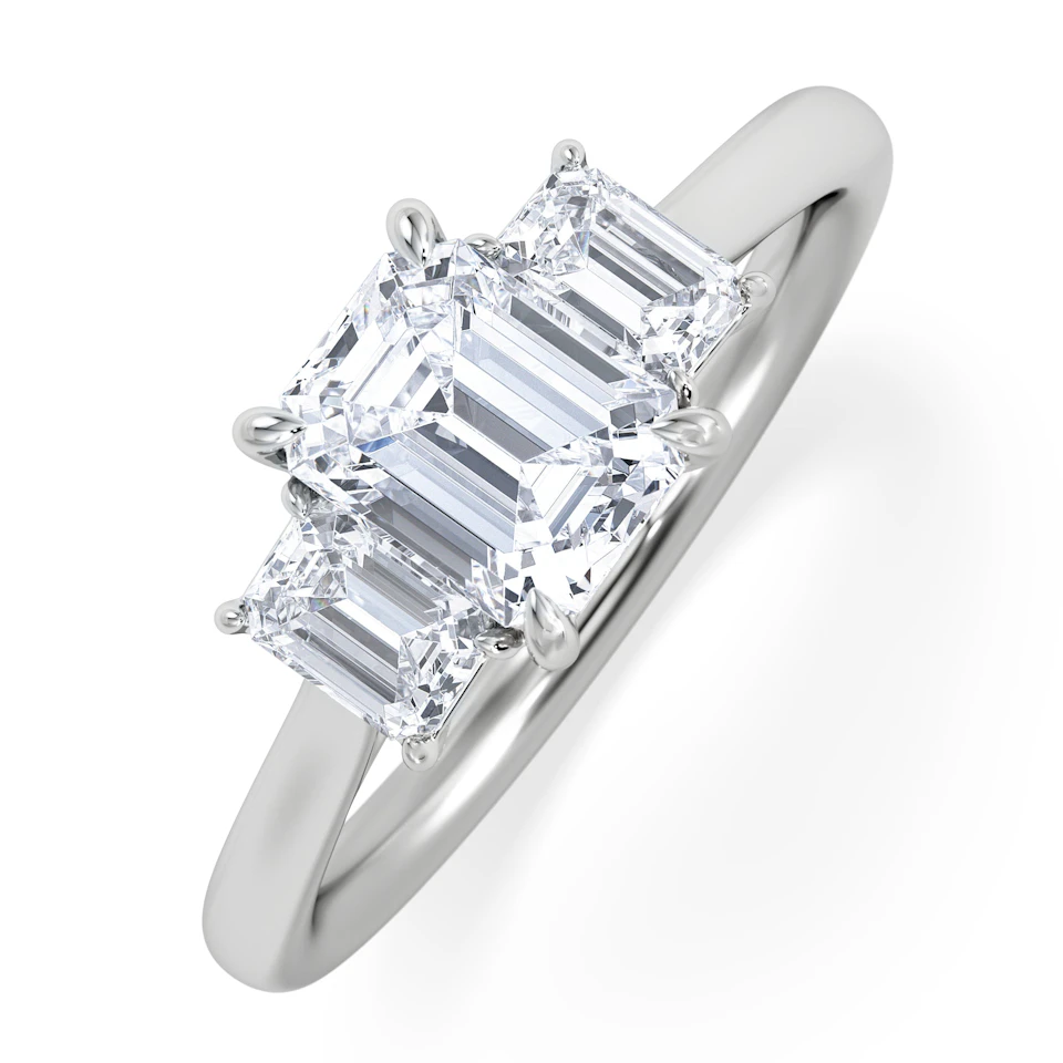 Evoke 1.00ct Emerald Cut Lab Diamond 3 Stone Ring in 9K White Gold