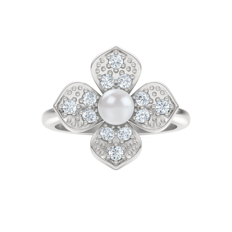 Eden 0.70ct Round Pearl and Lab Diamond 3 Stone Ring in Sterling Silver
