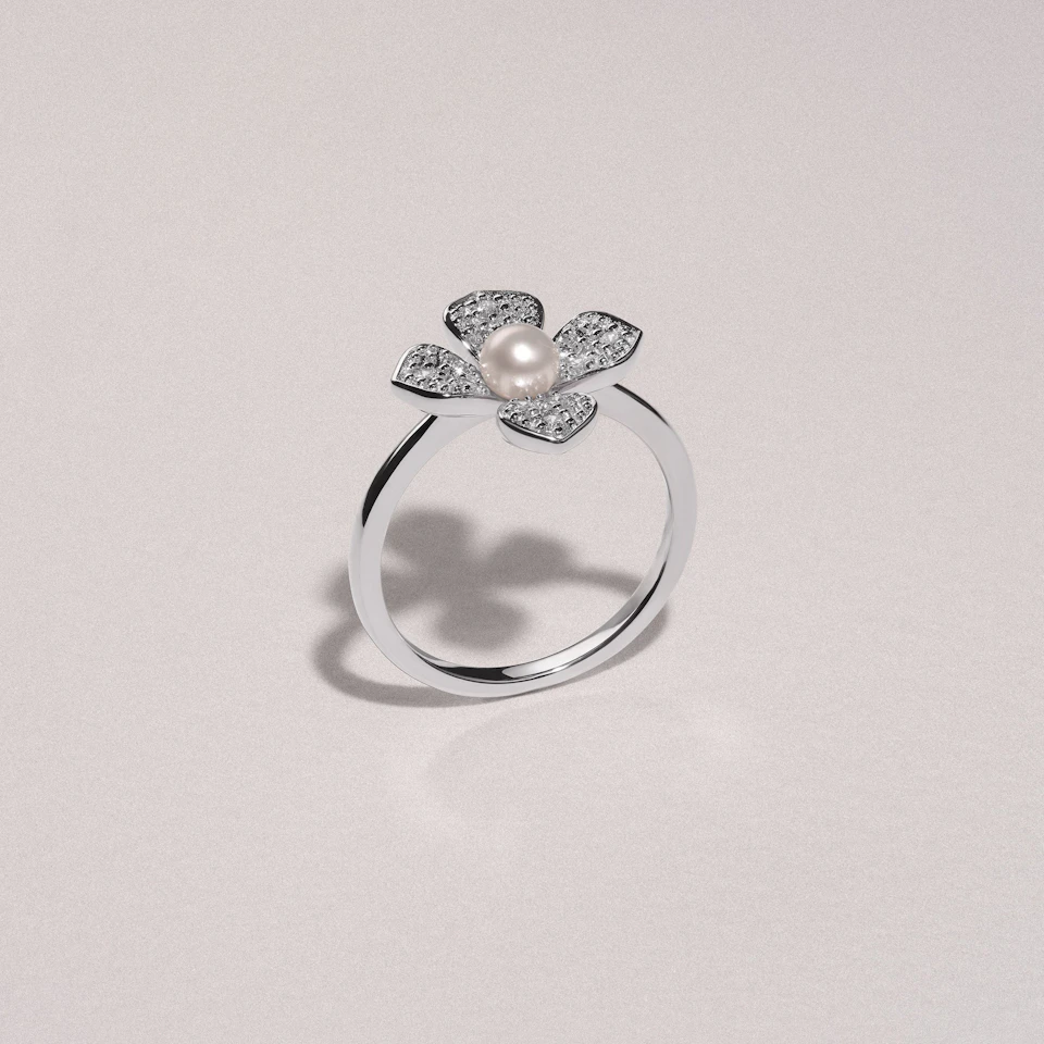 Eden 0.70ct Round Pearl and Lab Diamond 3 Stone Ring in Sterling Silver