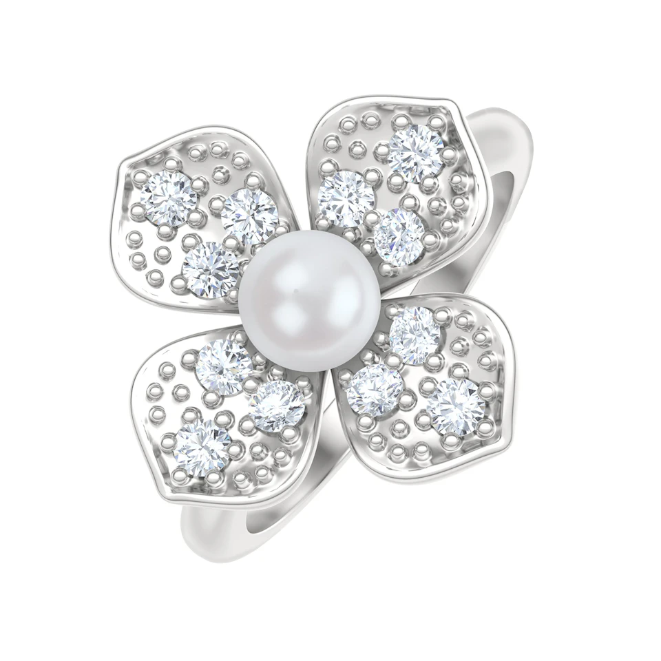 Eden 0.70ct Round Pearl and Lab Diamond 3 Stone Ring in Sterling Silver