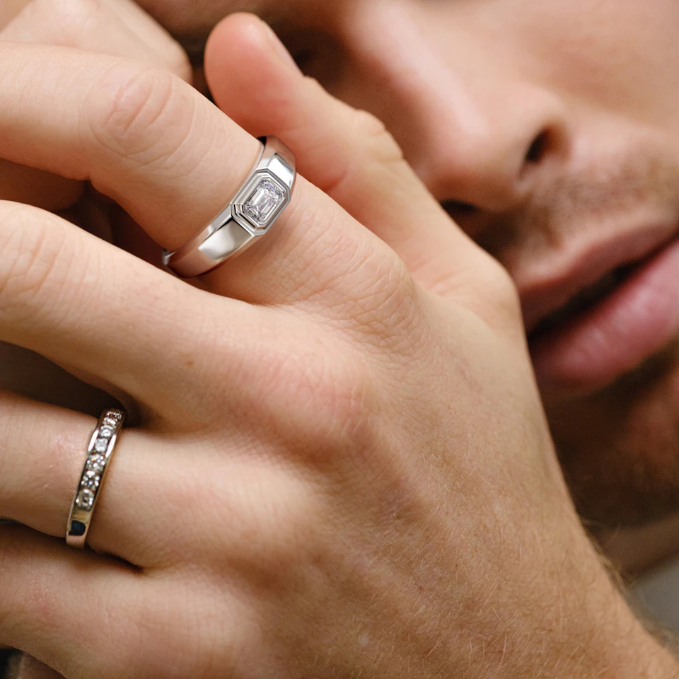 Axis Men's 0.50ct Emerald Cut Lab Diamond Signet Ring in Sterling Silver