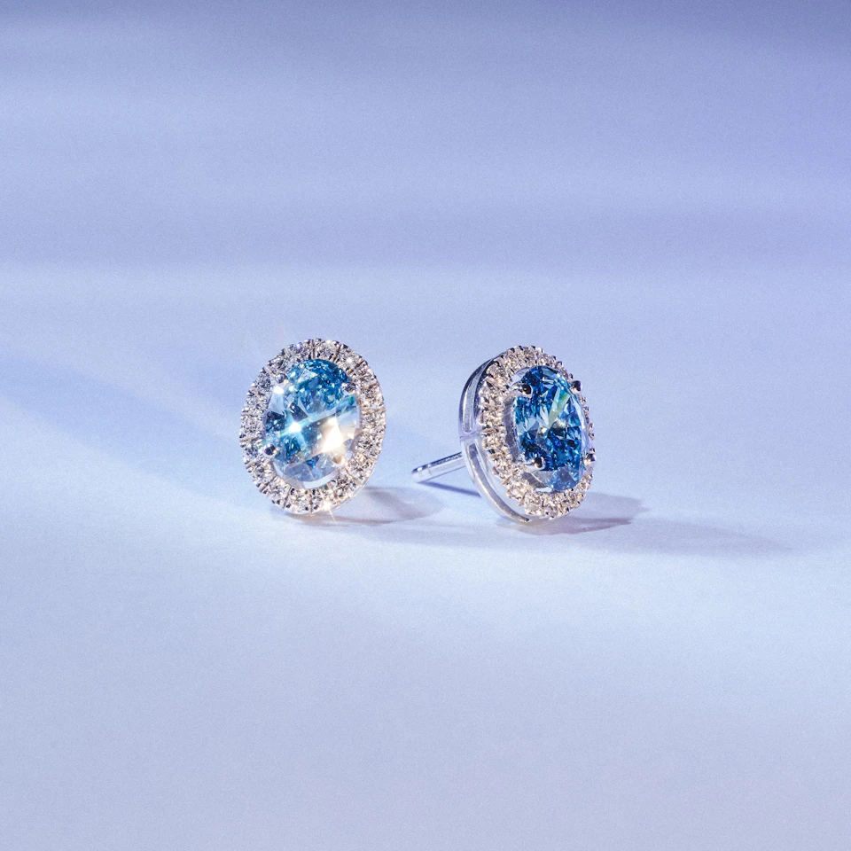 Georgina Blue Lab Diamond 2.45ct Oval Halo Earrings in 18K White Gold - Elara Collection