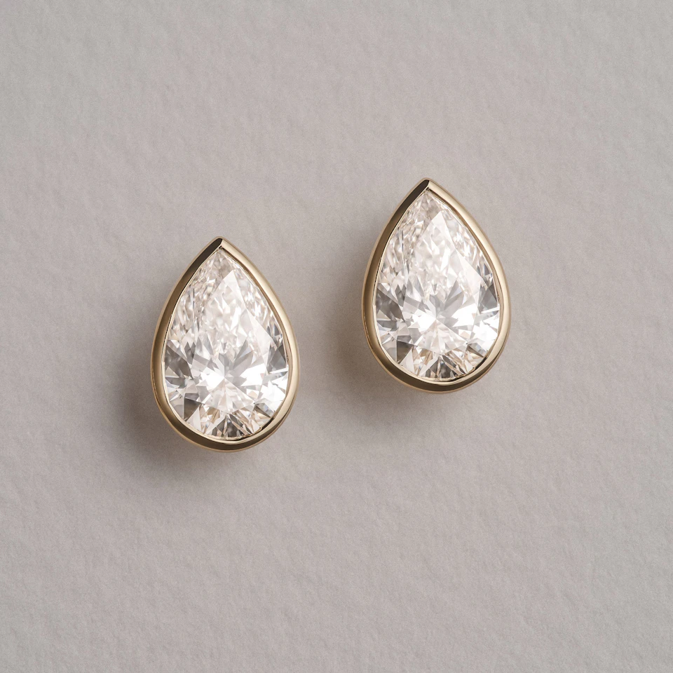 Bezel Set 3.00ct Pear Cut Lab Diamond Stud Earrings in 18K Yellow Gold