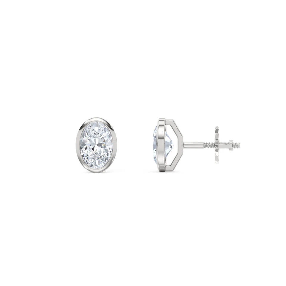 Bezel Set 1.00ct Oval Cut Lab Diamond Stud Earrings in 18K White Gold