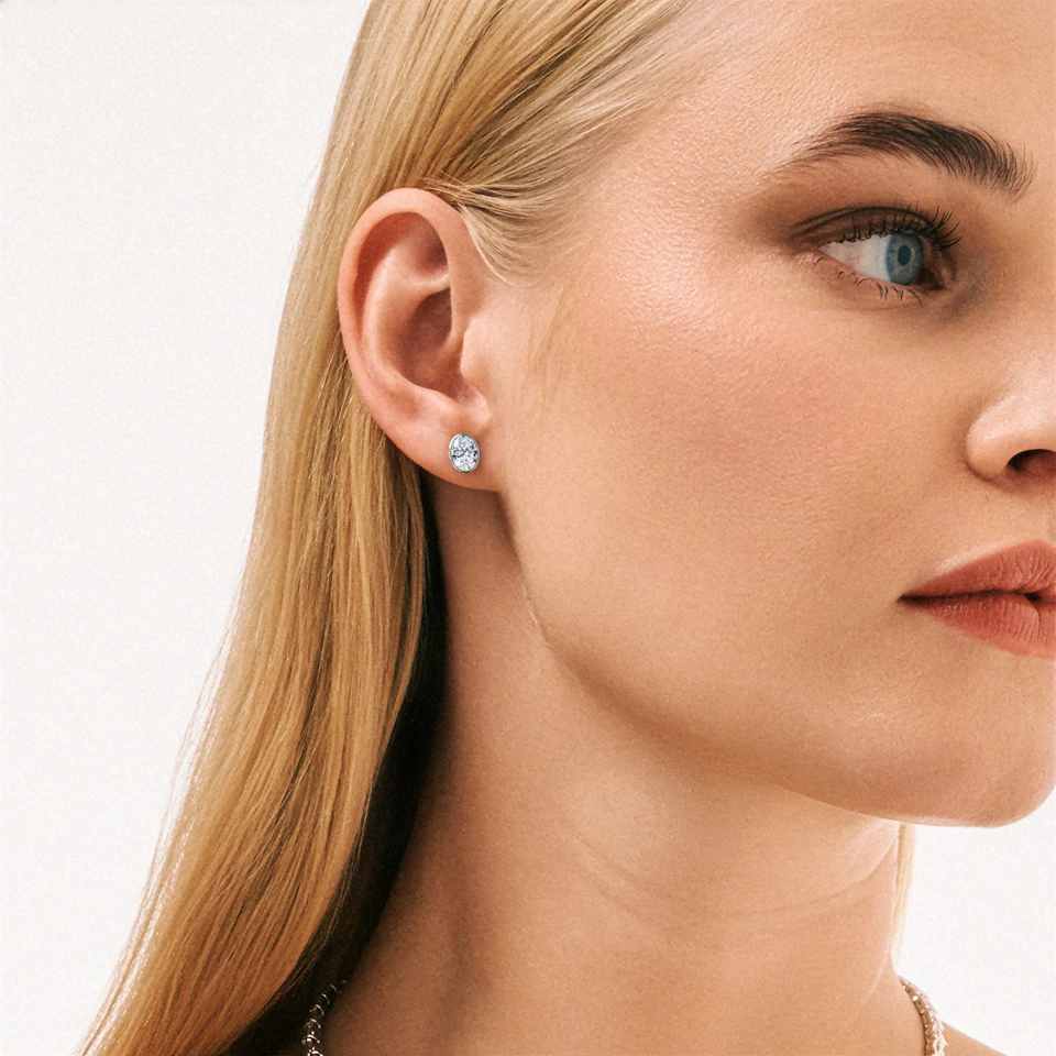 Bezel Set 1.00ct Oval Cut Lab Diamond Stud Earrings in 18K White Gold