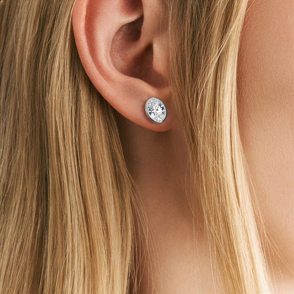 Bezel Set 3.00ct Oval Cut Lab Diamond Stud Earrings in 18K White Gold