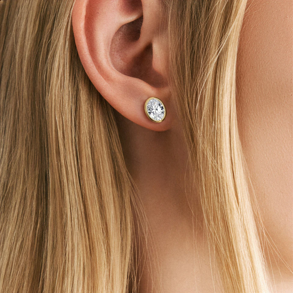 Bezel Set 3.00ct Oval Cut Lab Diamond Stud Earrings in 18K Yellow Gold