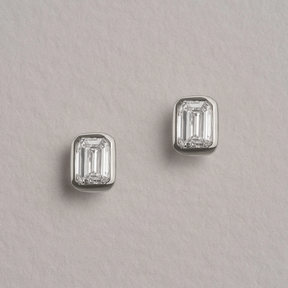 Bezel Set 1.00ct Emerald Cut Lab Diamond Stud Earrings in Platinum