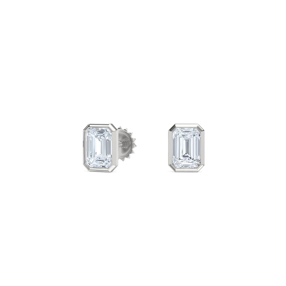 Bezel Set 1.00ct Emerald Cut Lab Diamond Stud Earrings in 18K White Gold
