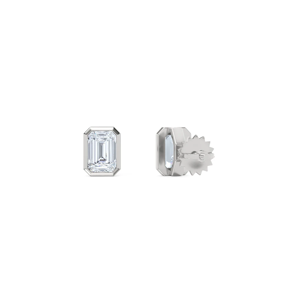 Bezel Set 1.00ct Emerald Cut Lab Diamond Stud Earrings in 18K White Gold