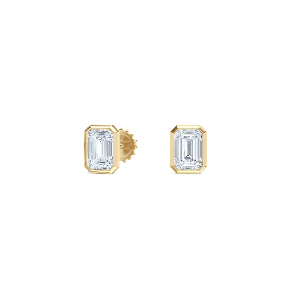 Bezel Set 1.00ct Emerald Cut Lab Diamond Stud Earrings in 18K Yellow Gold