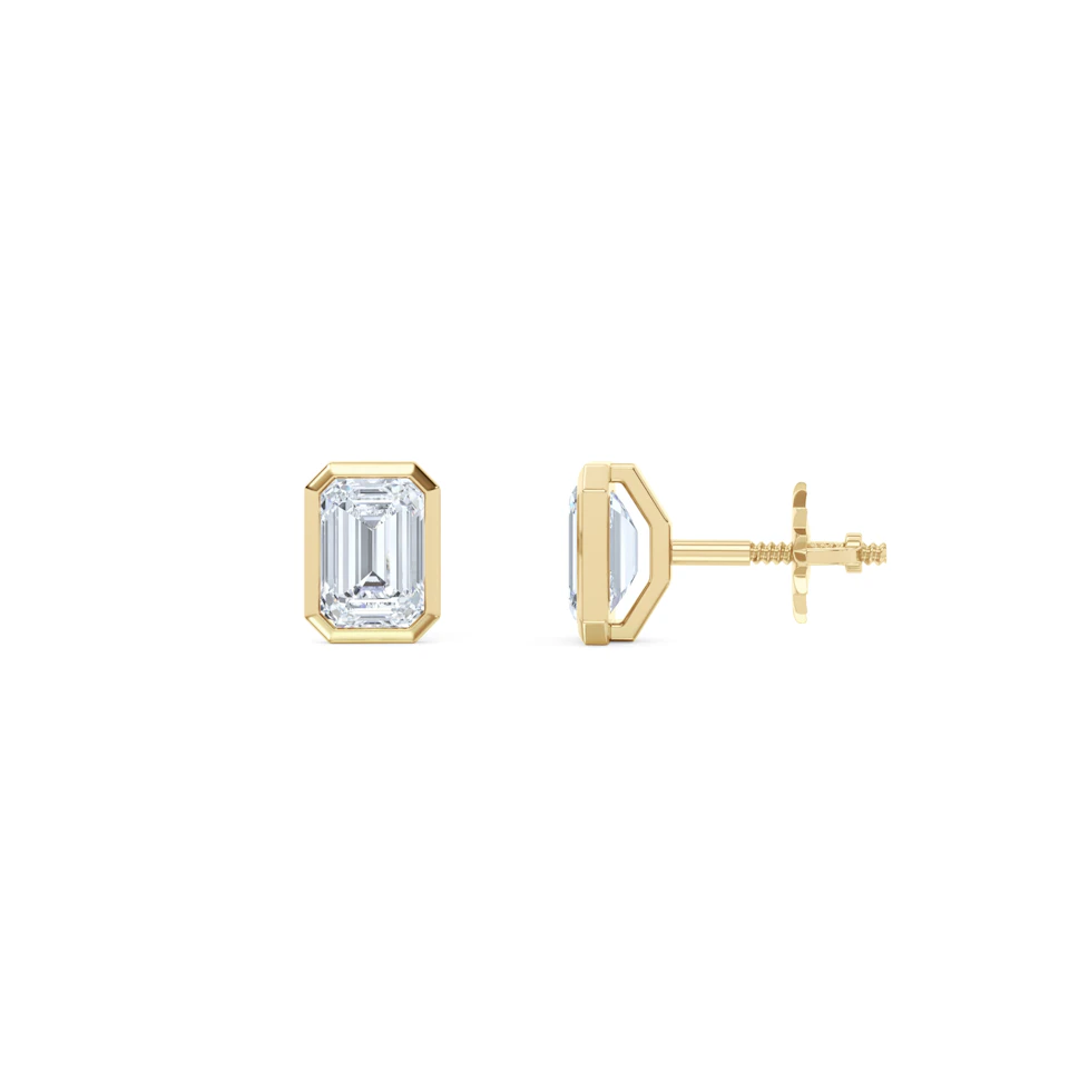 Bezel Set 1.00ct Emerald Cut Lab Diamond Stud Earrings in 18K Yellow Gold