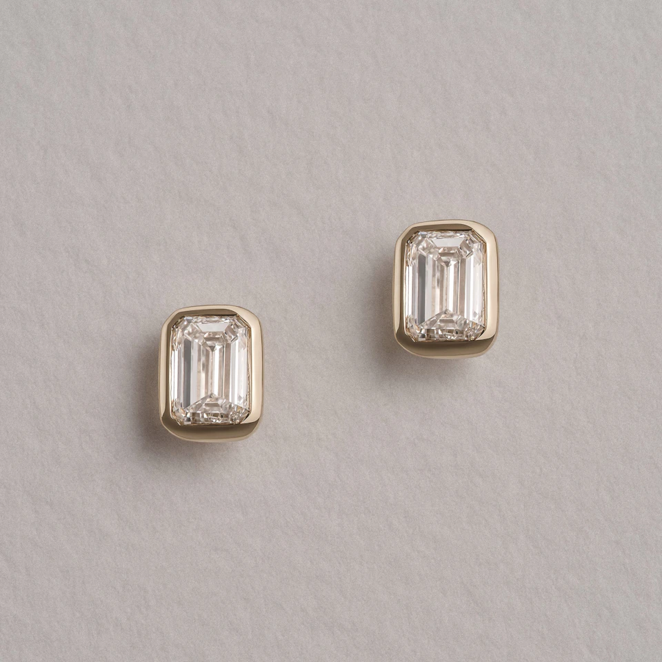 Bezel Set 1.00ct Emerald Cut Lab Diamond Stud Earrings in 18K Yellow Gold