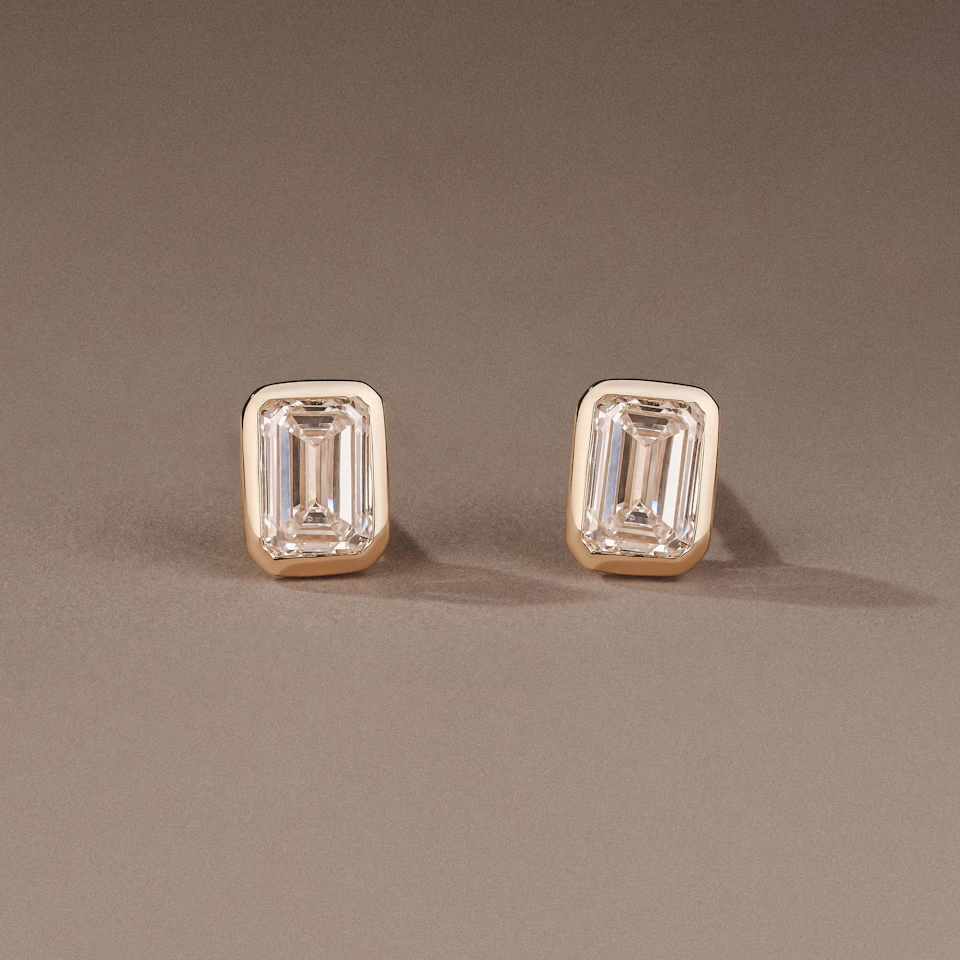 Bezel Set 1.00ct Emerald Cut Lab Diamond Stud Earrings in 18K Yellow Gold