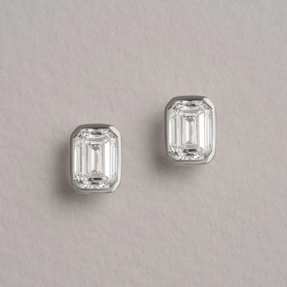 Bezel Set 2.00ct Emerald Cut Lab Diamond Stud Earrings in 18K White Gold