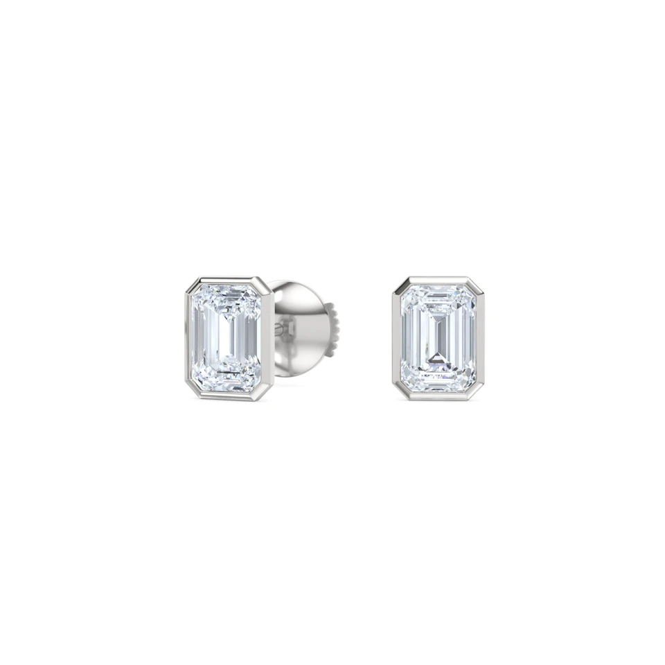 Bezel Set 2.00ct Emerald Cut Lab Diamond Stud Earrings in 18K White Gold