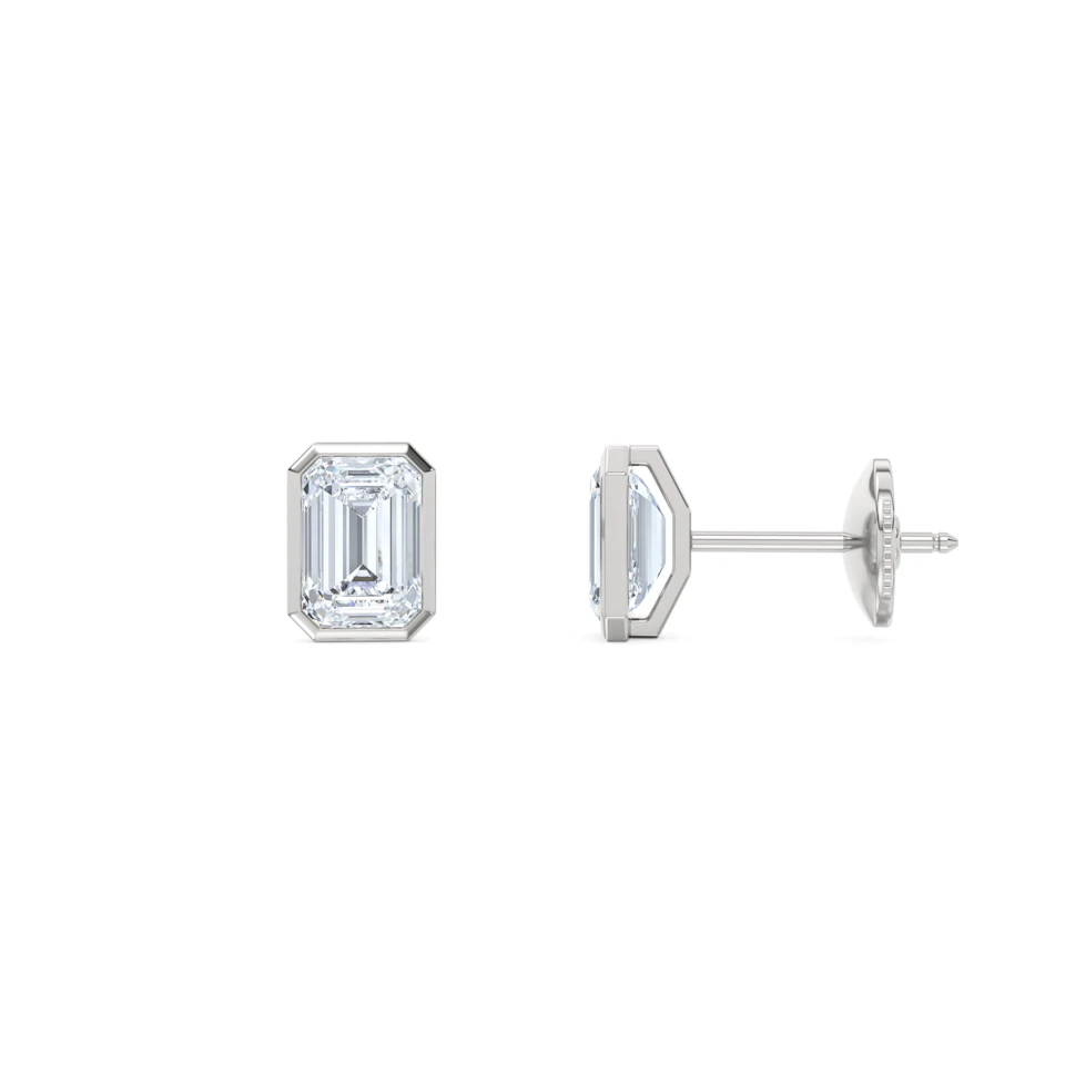 Bezel Set 2.00ct Emerald Cut Lab Diamond Stud Earrings in Platinum