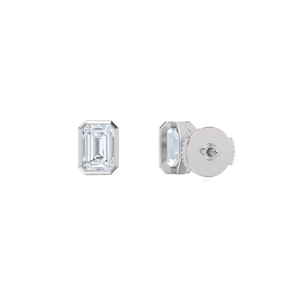 Bezel Set 2.00ct Emerald Cut Lab Diamond Stud Earrings in 18K White Gold