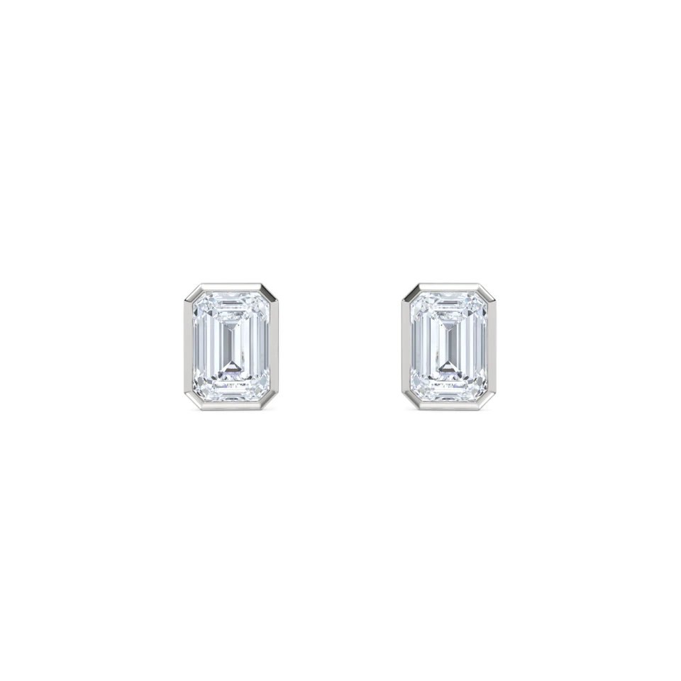 Bezel Set 2.00ct Emerald Cut Lab Diamond Stud Earrings in 18K White Gold