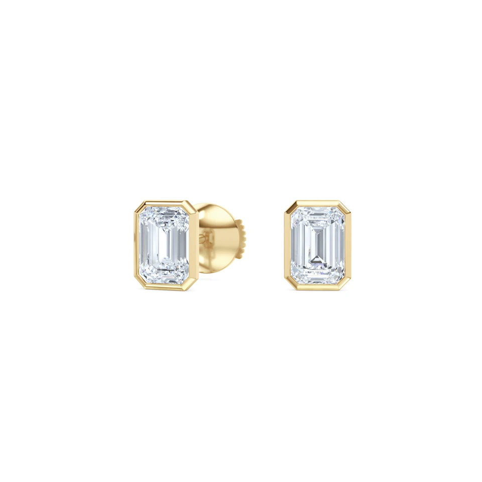Bezel Set 2.00ct Emerald Cut Lab Diamond Stud Earrings in 18K Yellow Gold