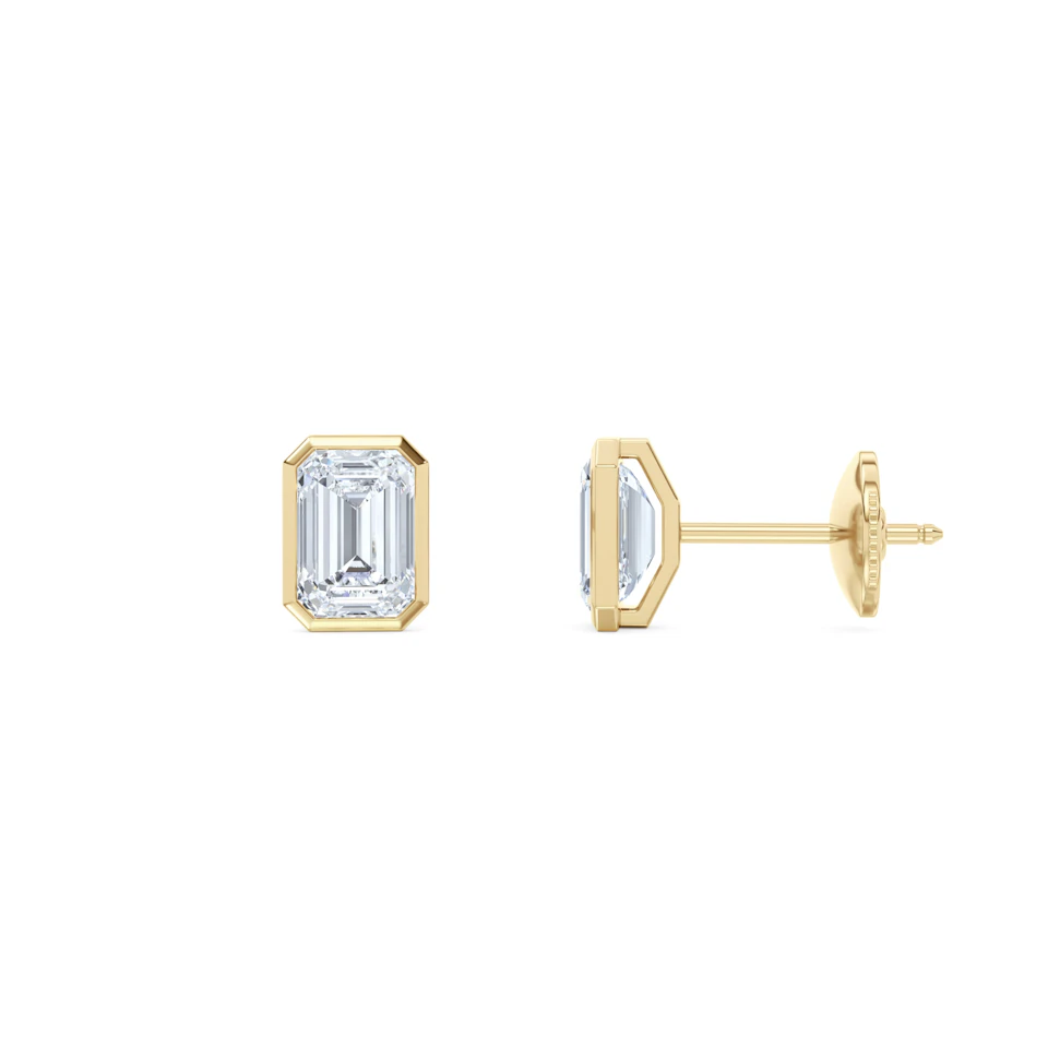 Bezel Set 2.00ct Emerald Cut Lab Diamond Stud Earrings in 18K Yellow Gold