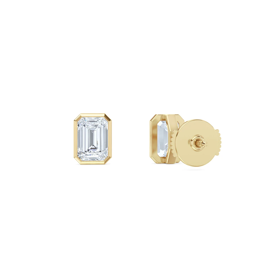 Bezel Set 2.00ct Emerald Cut Lab Diamond Stud Earrings in 18K Yellow Gold