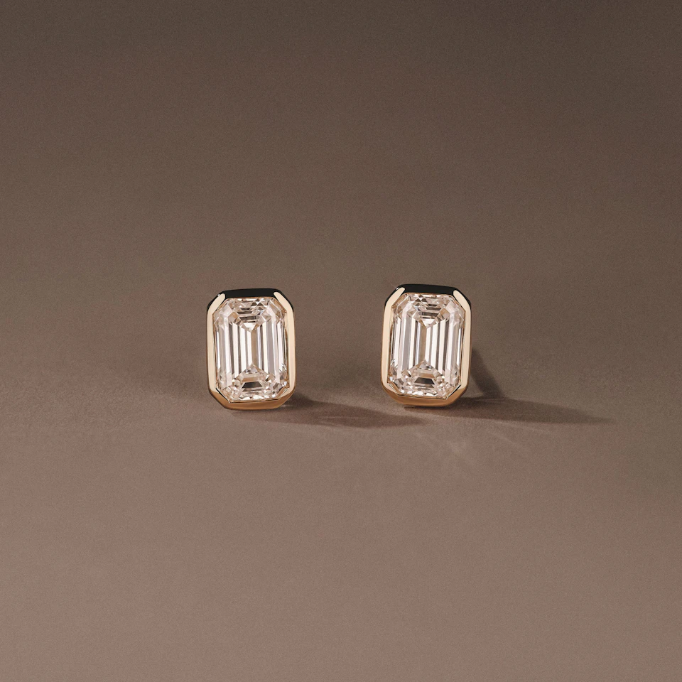 Bezel Set 2.00ct Emerald Cut Lab Diamond Stud Earrings in 18K Yellow Gold