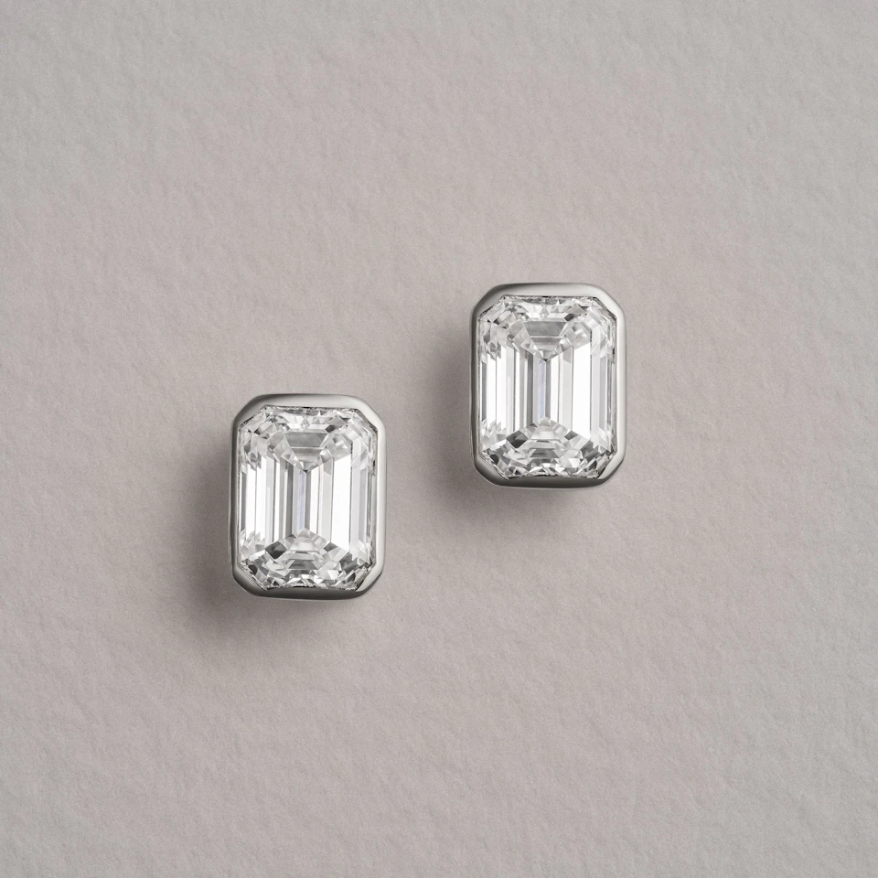 Bezel Set 3.00ct Emerald Cut Lab Diamond Stud Earrings in 18K White Gold
