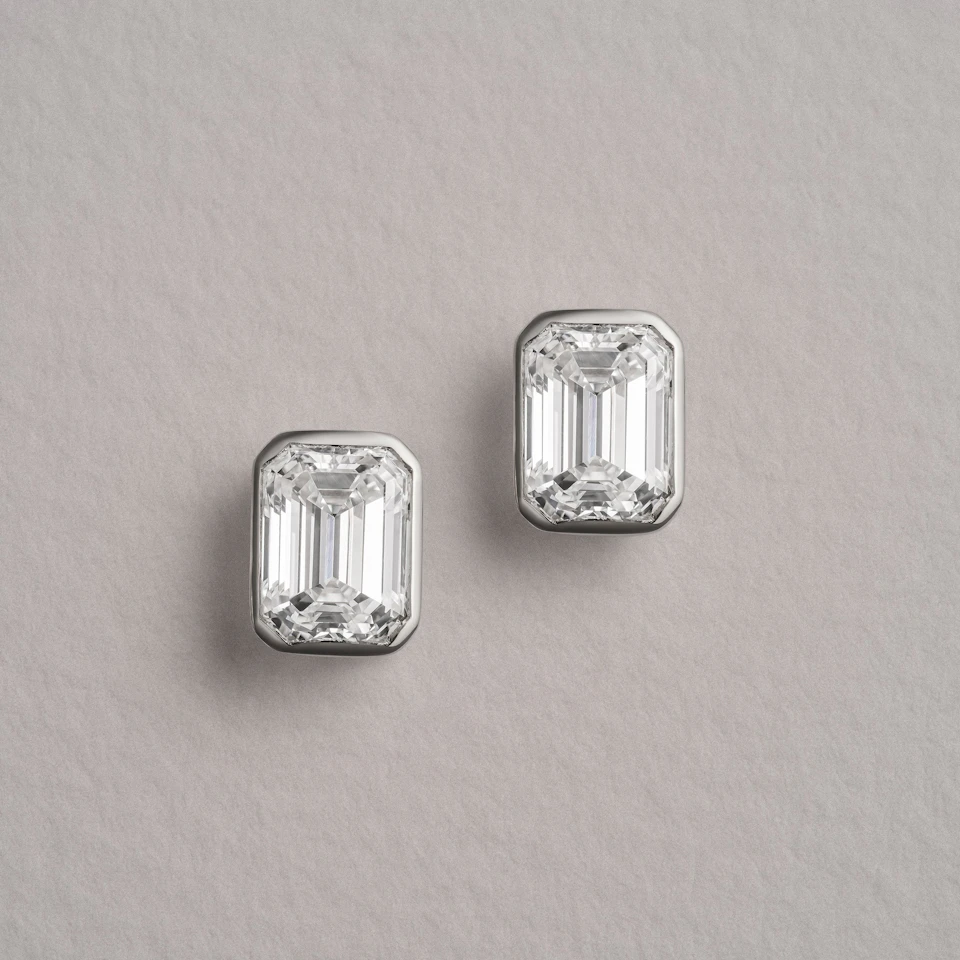 Bezel Set 3.00ct Emerald Cut Lab Diamond Stud Earrings in 18K White Gold