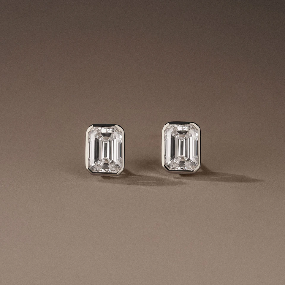 Bezel Set 3.00ct Emerald Cut Lab Diamond Stud Earrings in Platinum