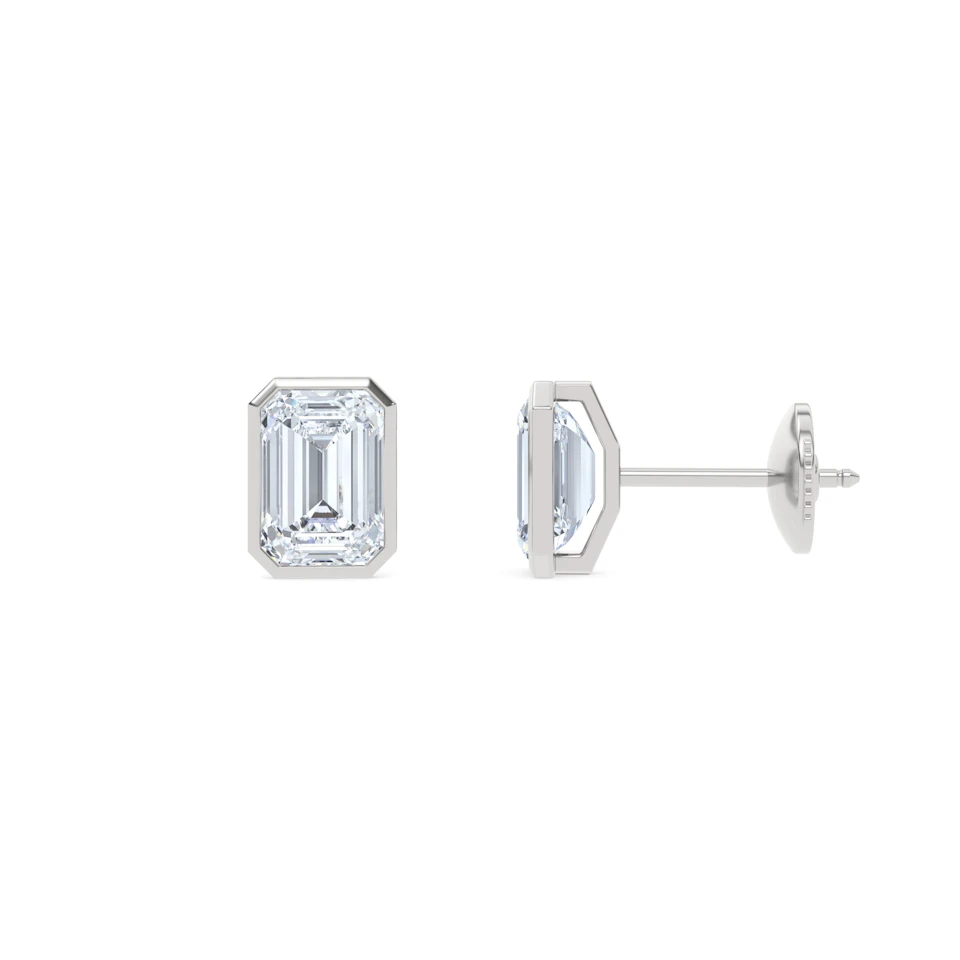 Bezel Set 3.00ct Emerald Cut Lab Diamond Stud Earrings in 18K White Gold