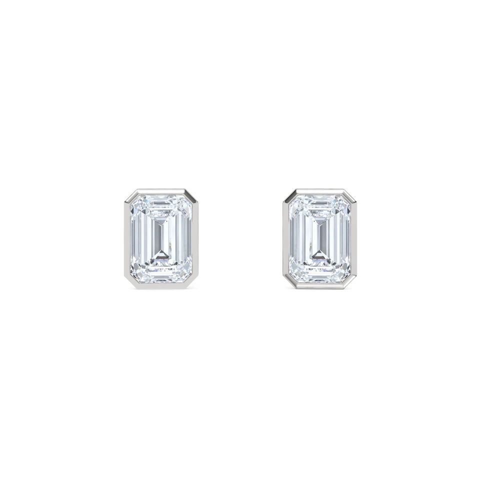 Bezel Set 3.00ct Emerald Cut Lab Diamond Stud Earrings in 18K White Gold