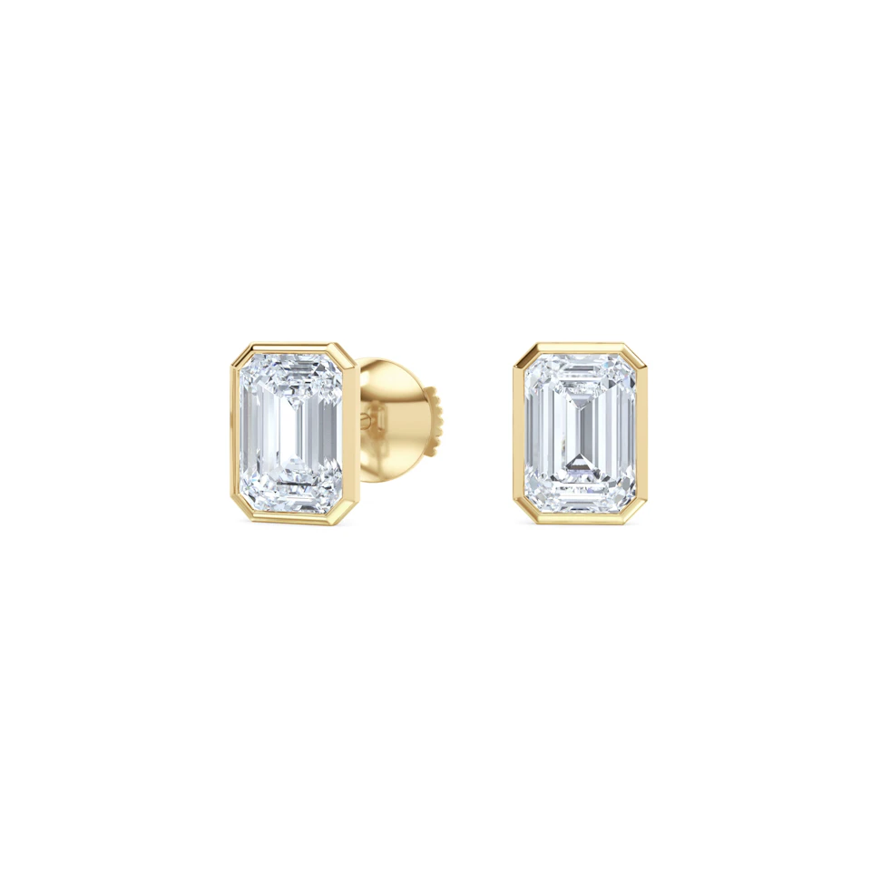 Bezel Set 3.00ct Emerald Cut Lab Diamond Stud Earrings in 18K Yellow Gold