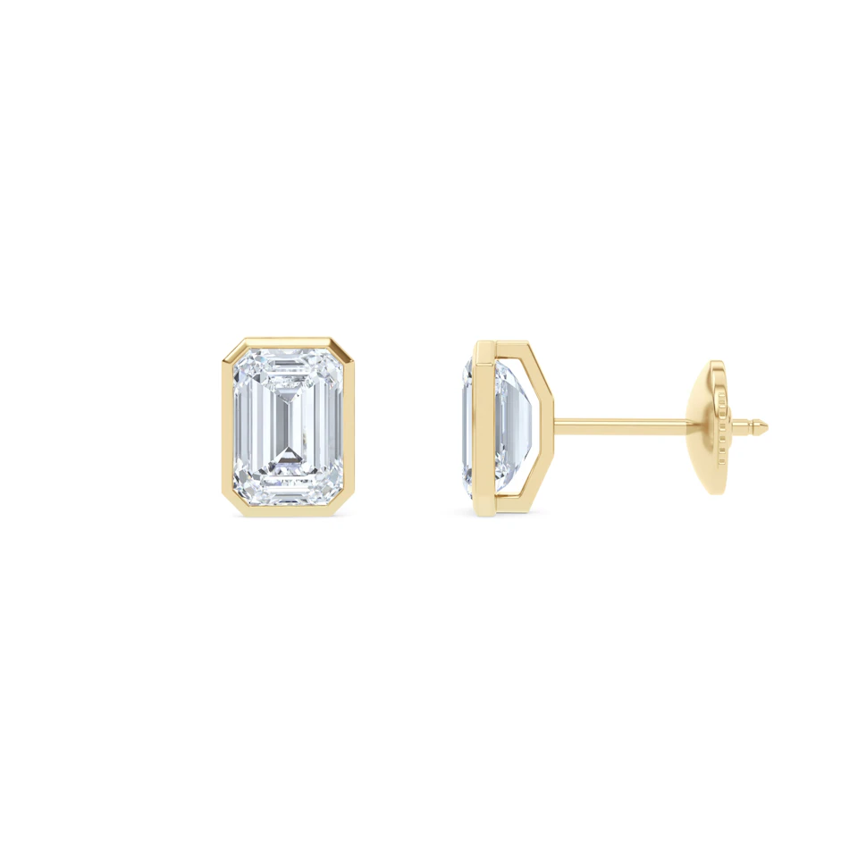 Bezel Set 3.00ct Emerald Cut Lab Diamond Stud Earrings in 18K Yellow Gold